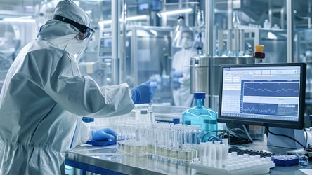 A testing lab with technician entering data into a LIMS (laboratory information management system)
