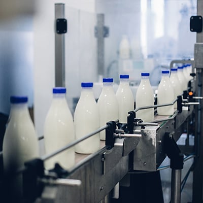 Photograph of beverage in glass bottles on a production line in a manufacturing plant.