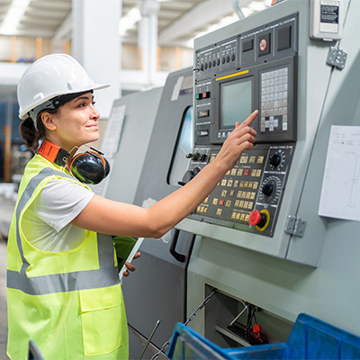 Photograph of a female engineer programming a CNC machine at factory